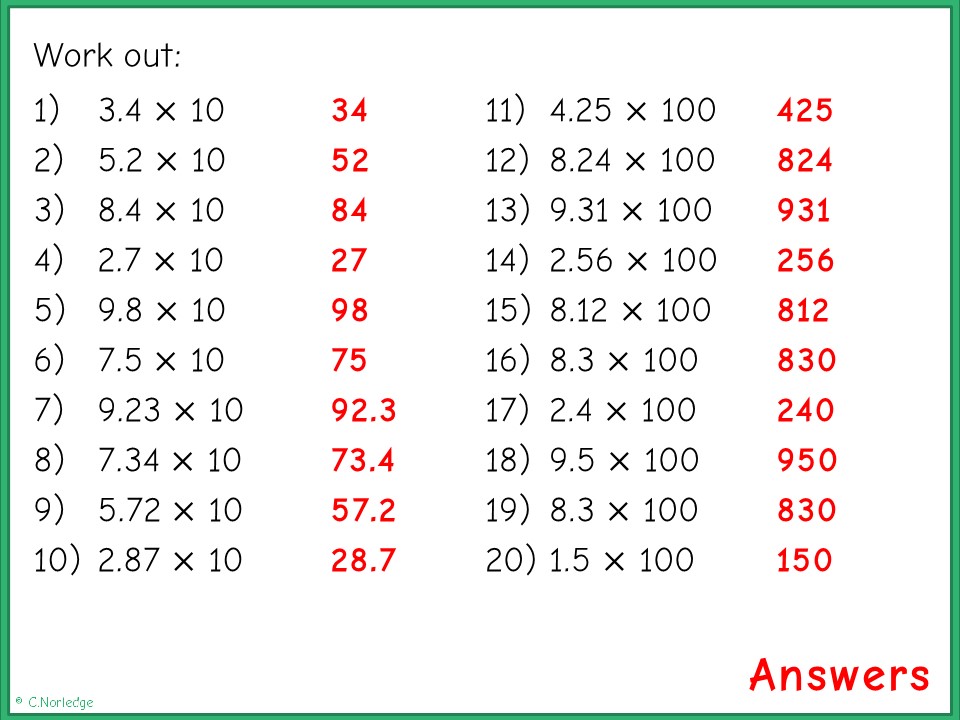 Practise the Basics Multiply by 10 and 100 answers