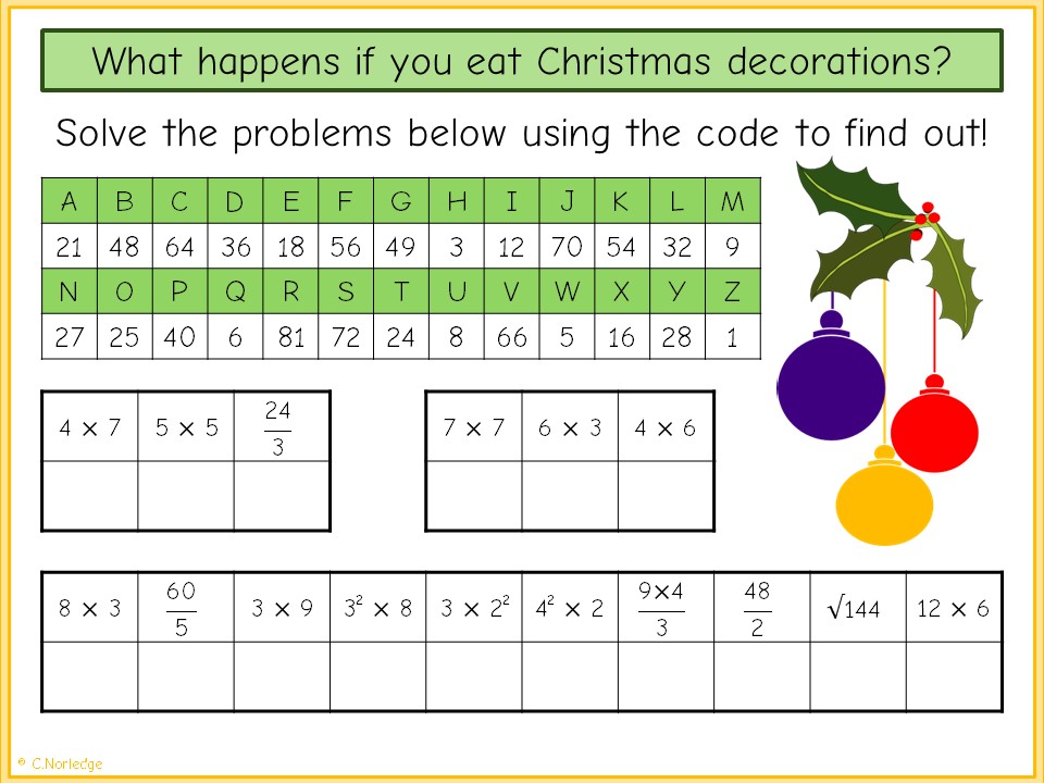 Solve the problems using the code. What happens if you eat Christmas decorations? You get tinselitus. Solve the problems using order of operations to crack the code.